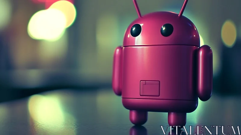 Red plastic android figurine stands on reflective surface