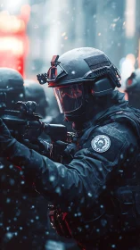 Tactical police officer advances through snow in urban street