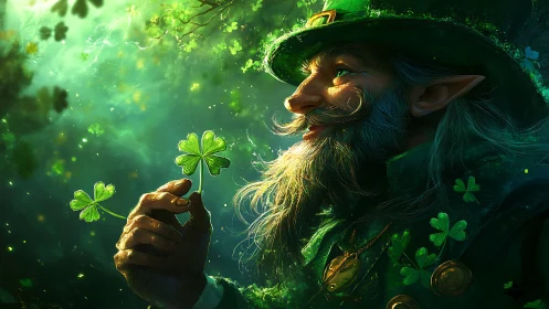 Leprechaun holds glowing shamrock in lush green light.