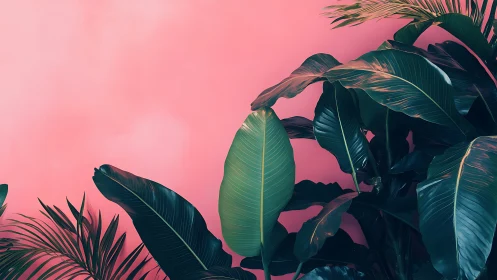 Tropical banana foliage against matte coral gradient backdrop