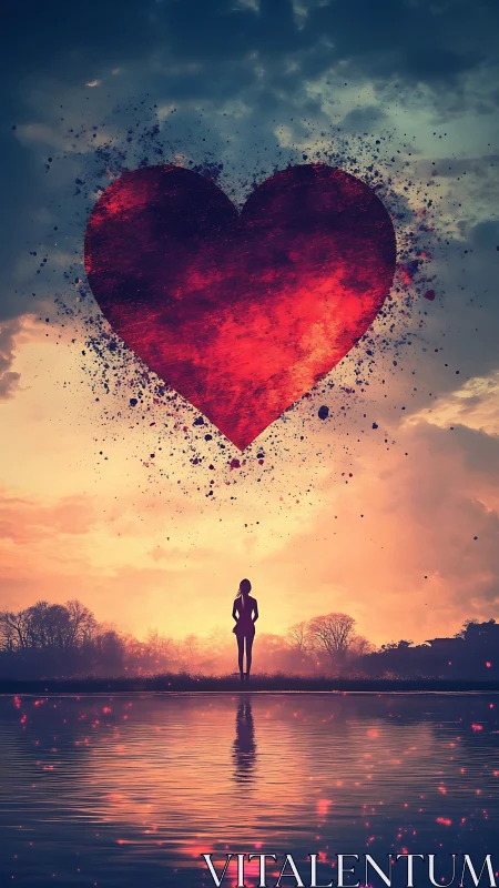 Silhouetted Figure Standing Before Luminous Heart Form