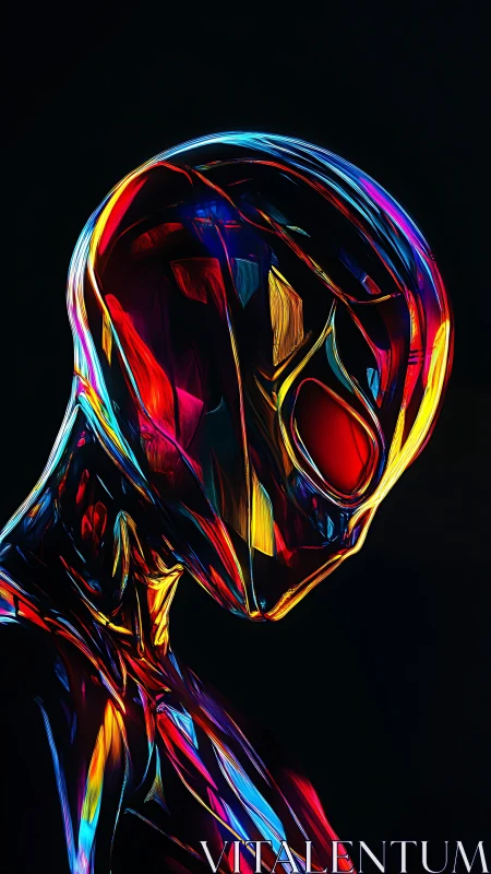 Prismatic android bows in neon silence between worlds