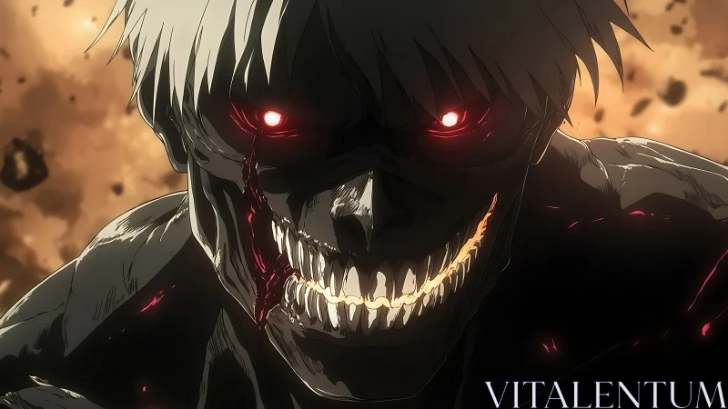 Glowing eyed skeletal humanoid with scorched skin in dynamic anime lighting