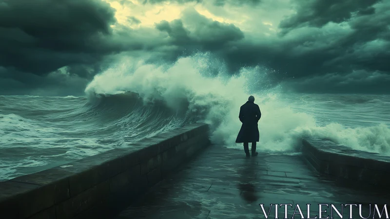 Solitary figure on stormy pier facing crashing ocean waves.