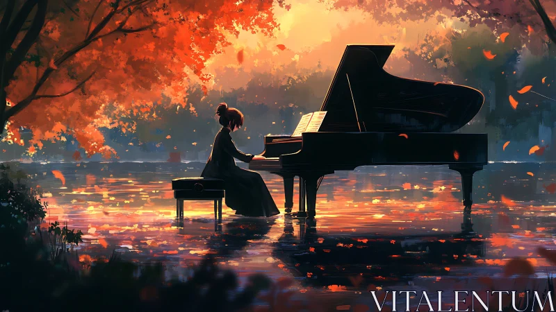 Girl playing grand piano on reflective autumn lake at dusk.