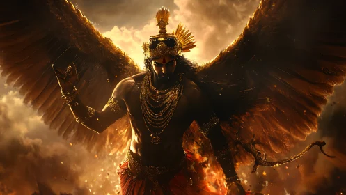 Winged deity strides through blazing skies in divine fury
