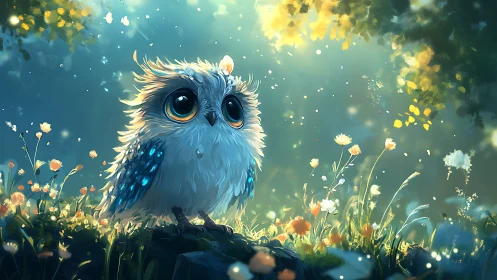 Adorable Fluffy Owl in Dreamy Sunlit Forest, Digital Art Style.