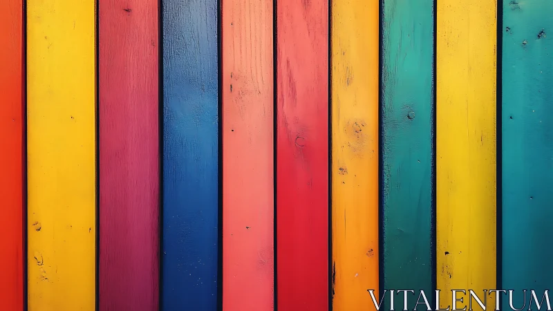 Vertical rainbow wooden planks create bold striped pattern.