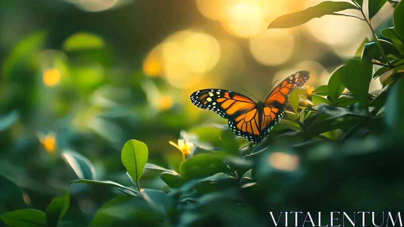 Gentle monarch butterfly resting in a sunlit green garden.