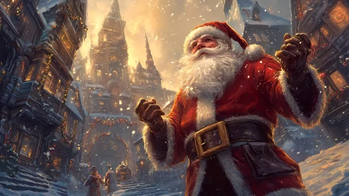Majestic Santa in luminous medieval Christmas street scene.