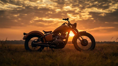 Silhouetted motorcycle stands in profile against low sunset