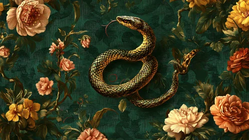 Coiled golden snake amid ornate vintage floral tapestry.