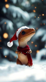 Tiny dinosaur in Santa hat amid glowing winter snowdrift.