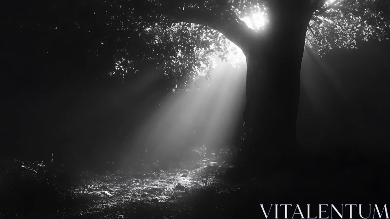 Midnight oak drinking silver light in a hushed forest.