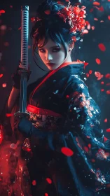 Midnight blossom warrior poised in drifting petals.