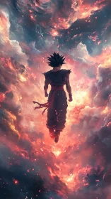 Silhouetted figure suspended amid luminous cloud field.