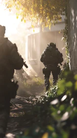 Armed soldiers advance through foliage beside urban wall