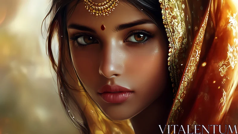 Golden light surrounds a serene, jeweled gaze in close portrait