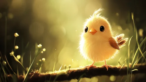 Fluffy yellow chick glows on a sunlit forest branch.