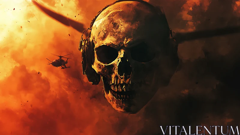 Combat skull apparition aligned with helicopter rotor silhouettes