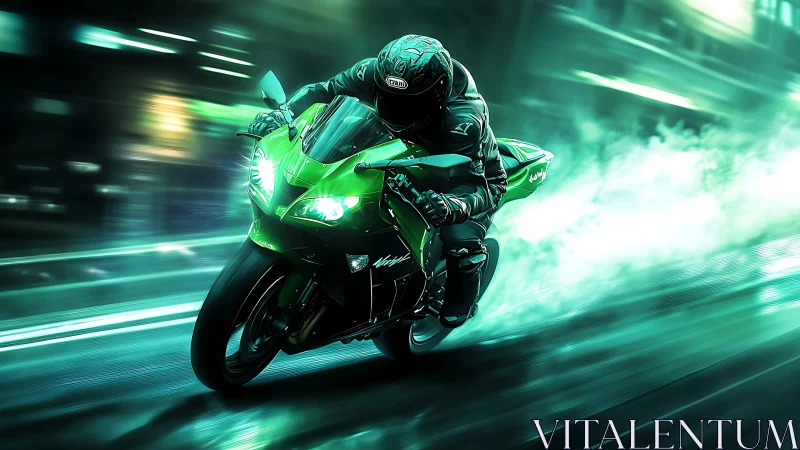 Neon green superbike racing through futuristic night streets.