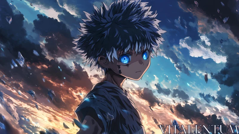 Blue-eyed anime boy under dramatic dusk sky with flying shards