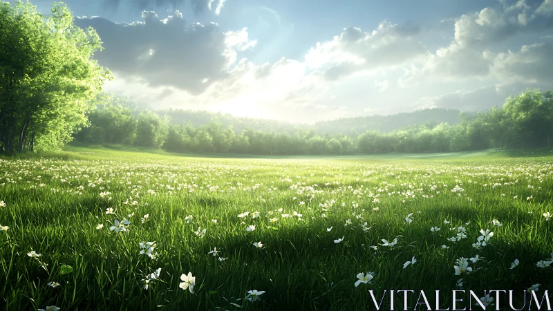 Sunlit wildflower meadow opens to a tranquil forest horizon