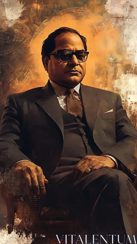 Oil portrait of seated man in suit against textured ochre field