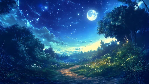 Moonlit woodland path quietly rehearses tomorrow’s dawn