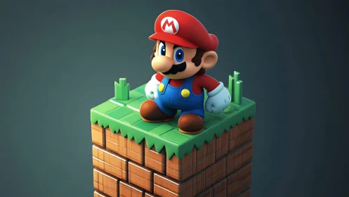 Mario standing on pixelated platform in vibrant 3D cartoon style.