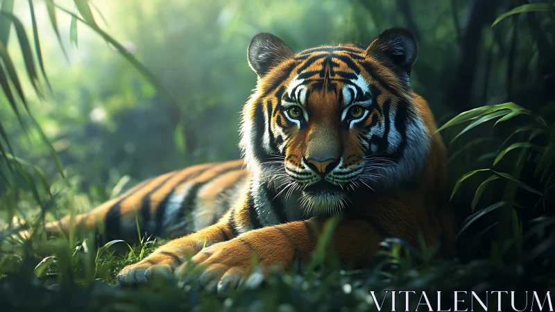 Resting tiger under diffused forest light with shallow depth
