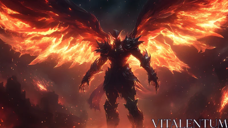Armored winged figure stands amid flames in dark landscape