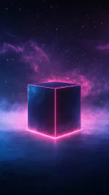 Neon cube hovers in cosmic mist under starry sky