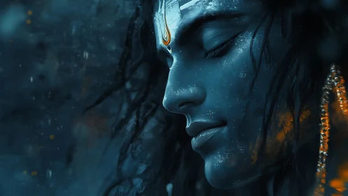 Blue-toned digital portrait shows profile of serene figure