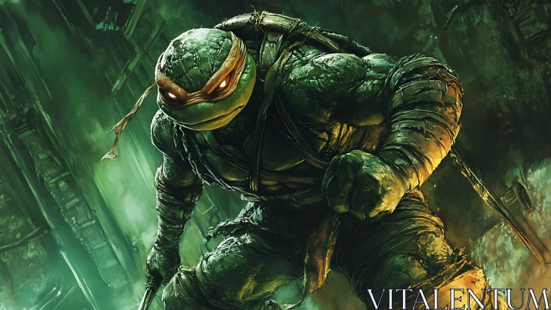 Mutated humanoid turtle crouches in degraded urban tunnel