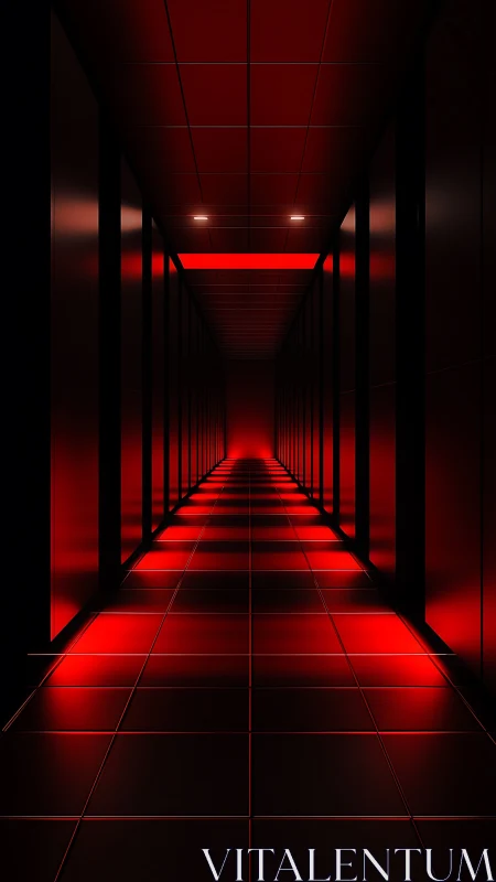Cyberpunk corridor with red-lit vanishing point perspective.