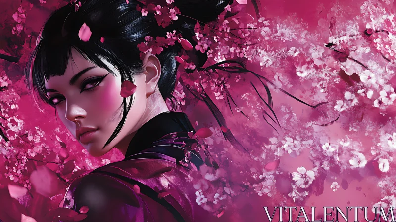 Digital portrait of woman amid dense pink blossoms