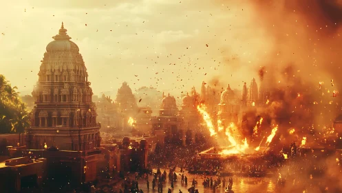 Ancient temple city under widespread fire and explosions.