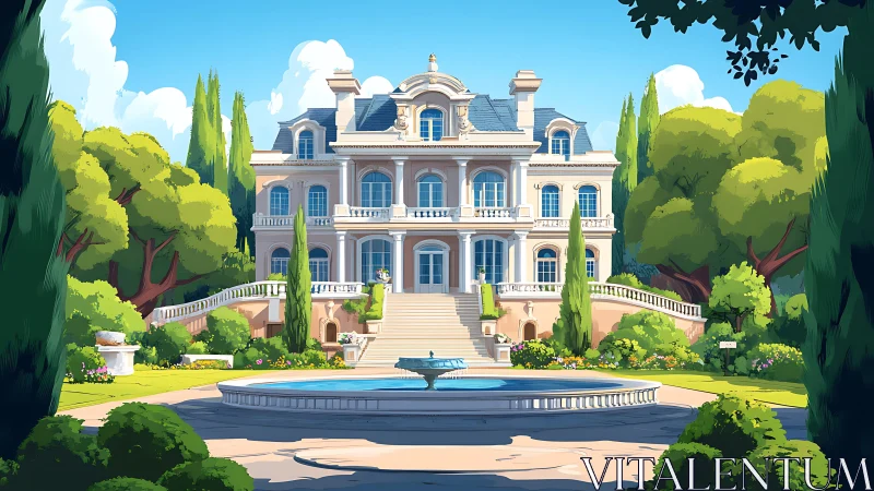 Sunlit mansion unrolls its stairways into a garden dream