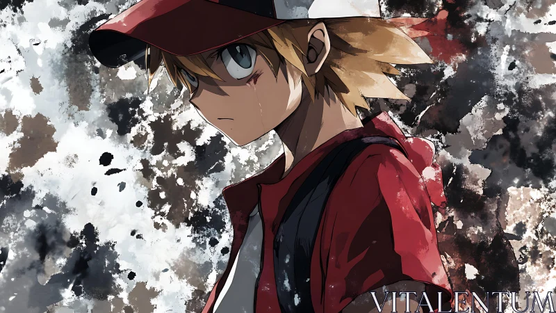 Teen boy in red cap stares sideways against splattered backdrop