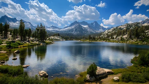 Photorealistic alpine lake vista with mirrored mountain range.