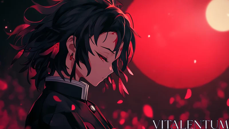 Side-lit anime profile under saturated red bokeh field.