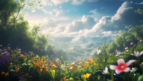 Sunlit wildflower meadow overlooks misty forest valley