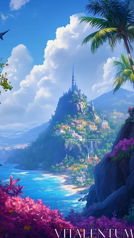Fantasy Castle on Cliff Edge with Tropical Landscape.