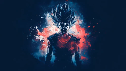 Cosmic warrior silhouette glowing in electric red and blue.