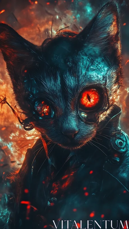 Cyborg cat portrait with glowing red eyes in fiery scene