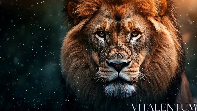 Male lion portrait under snowfall uses dramatic rim lighting