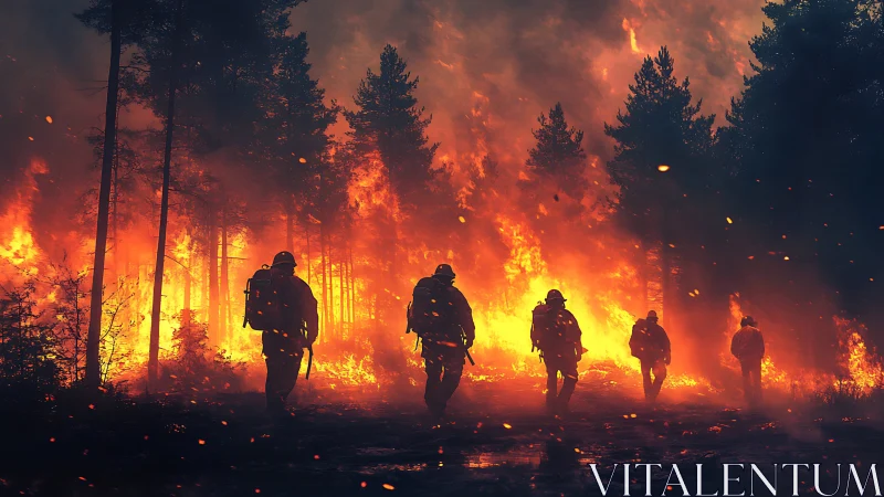 Wildfire Firefighter Team Silhouettes Advancing Through Intense Forest Inferno.