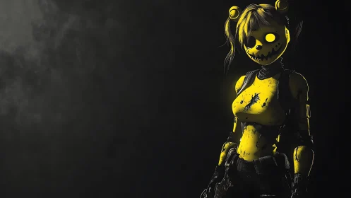 Cybernetic yellow android girl with eerie glowing bear mask.