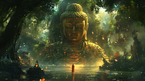 Large seated Buddha statue in dense forest environment.